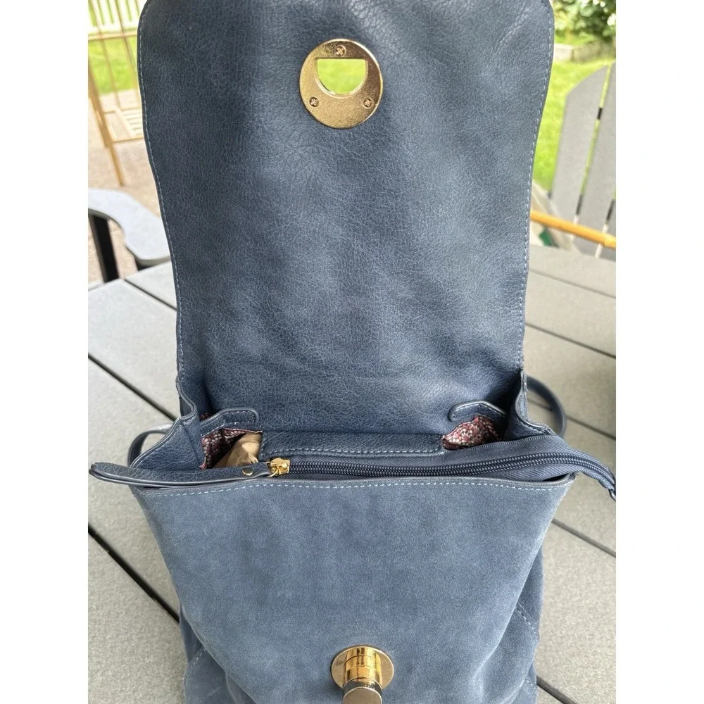 Moda Luxe Antoinette Blue Purse Backpack Suede Gold Tone Turn Lock FLAW
